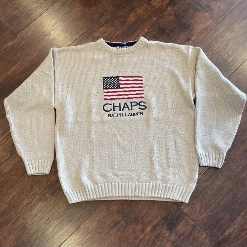 RARE VINTAGE POLO CHAPS RALPH LAUREN USA American Flag cotton sweater L Knit